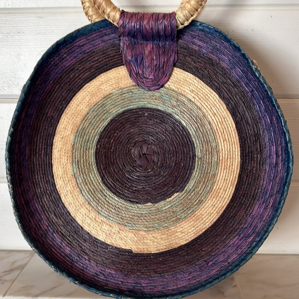 Vintage Round Natural Straw Blue & Purple Beachy Bag - Picture 5 of 14